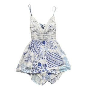 ILLA ILLA Size Small Crochet Floral Open Back Tie Rayon Shorts Romper Festival
